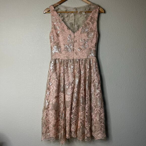 Vera Wang Dress Size 4 Lace Elusion Rose Gold Silver Sequins Cocktail Formal - Picture 4 of 9